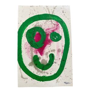 Original Abstract Smiley Face Mix Media Painting Green Pink 5.5 x 8.5 Signed Art